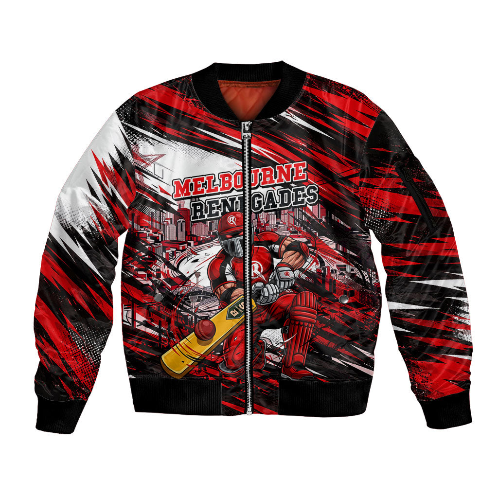 Personalised Melbourne Renegades Cricket Fan Pride Sleeve Zip Bomber Jacket Dynamic Cricket Graphic Art With Melbourne City Skyline