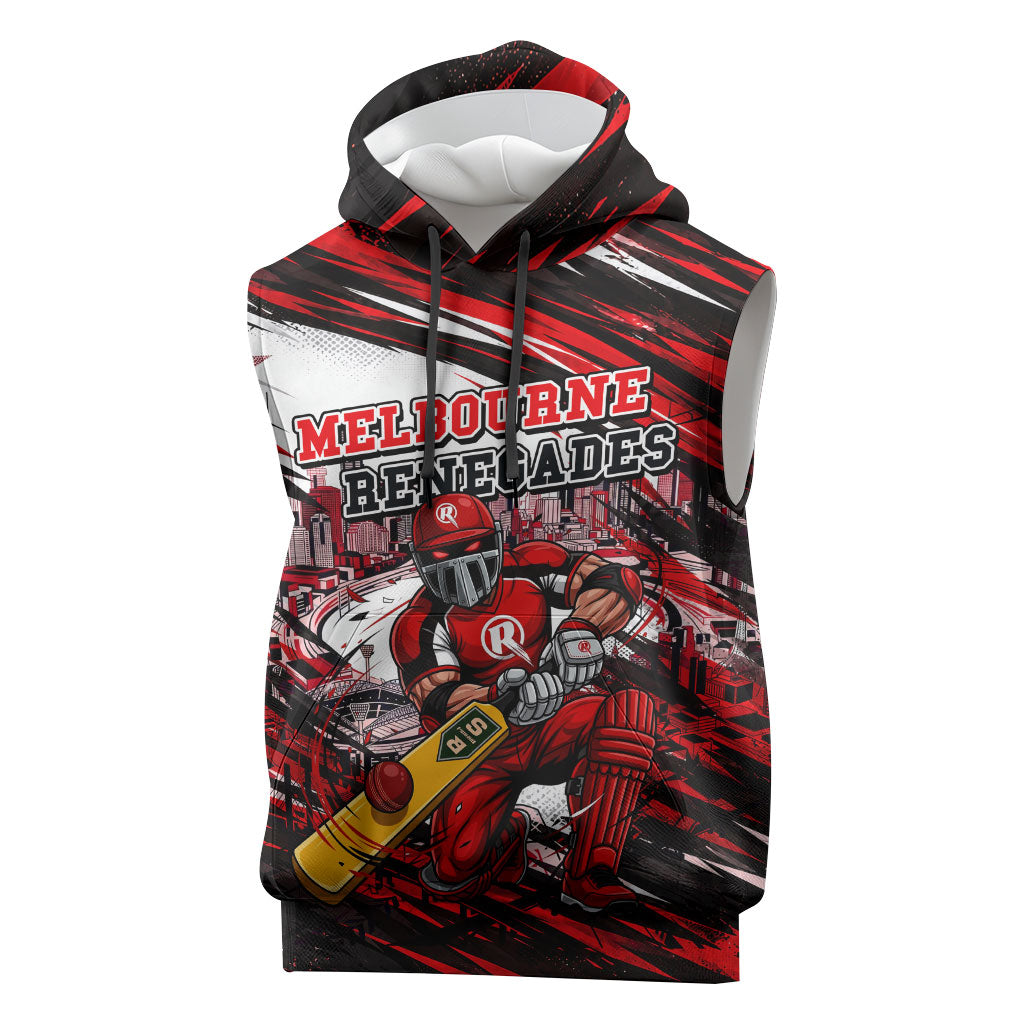 Personalised Melbourne Renegades Cricket Fan Pride Sleeveless Hoodie Dynamic Cricket Graphic Art With Melbourne City Skyline