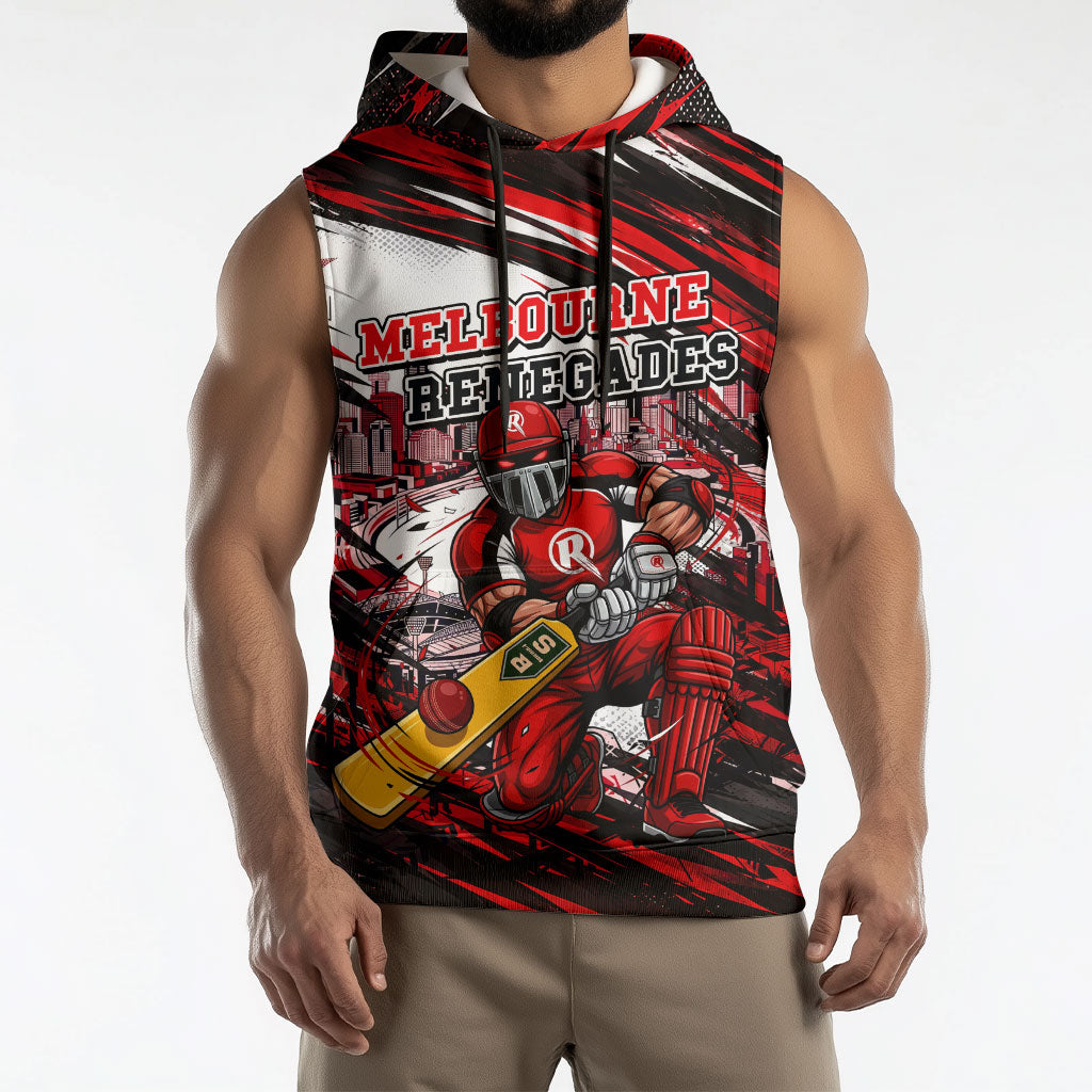 Personalised Melbourne Renegades Cricket Fan Pride Sleeveless Hoodie Dynamic Cricket Graphic Art With Melbourne City Skyline