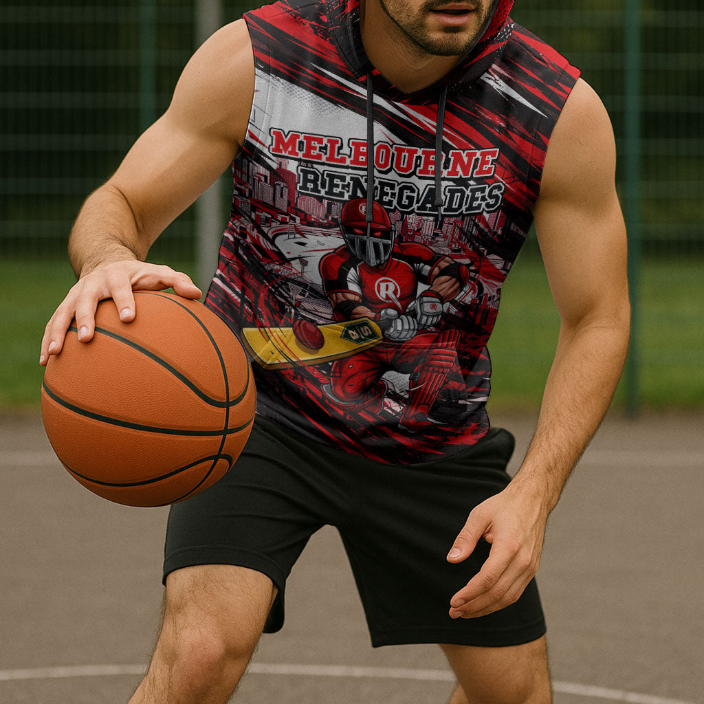 Personalised Melbourne Renegades Cricket Fan Pride Sleeveless Hoodie Dynamic Cricket Graphic Art With Melbourne City Skyline