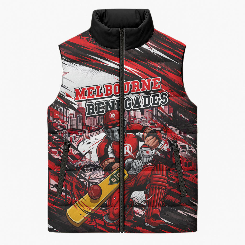Personalised Melbourne Renegades Cricket Fan Pride Sleeveless Puffer Jacket Dynamic Cricket Graphic Art With Melbourne City Skyline