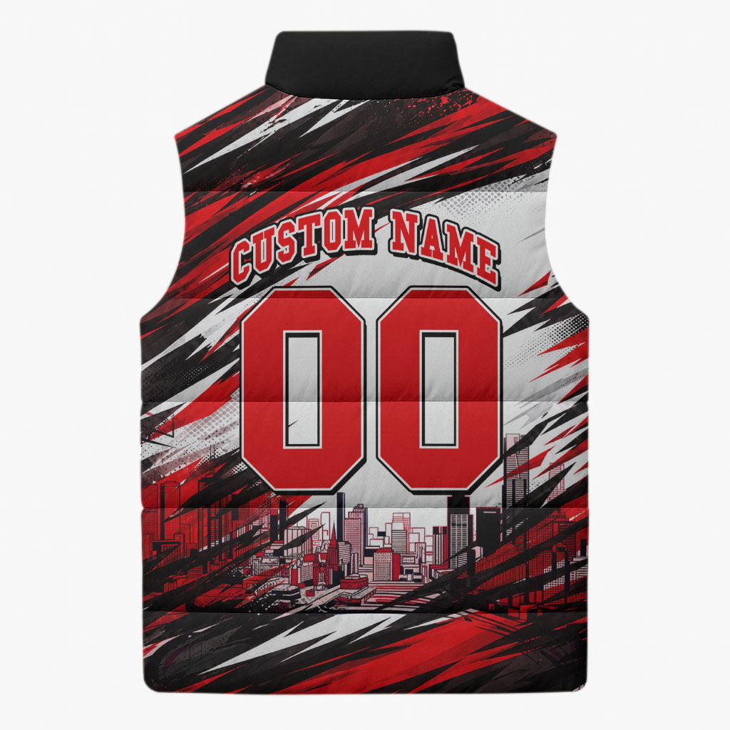 Personalised Melbourne Renegades Cricket Fan Pride Sleeveless Puffer Jacket Dynamic Cricket Graphic Art With Melbourne City Skyline