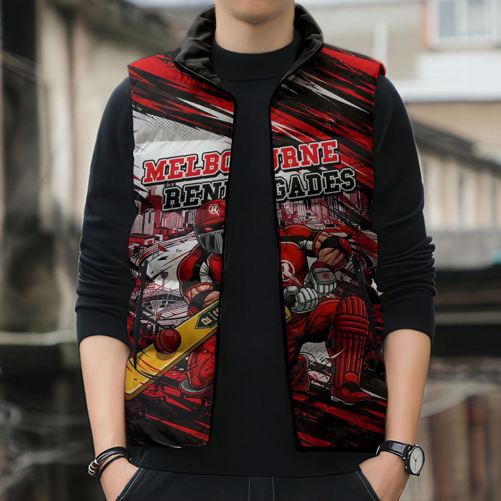 Personalised Melbourne Renegades Cricket Fan Pride Sleeveless Puffer Jacket Dynamic Cricket Graphic Art With Melbourne City Skyline