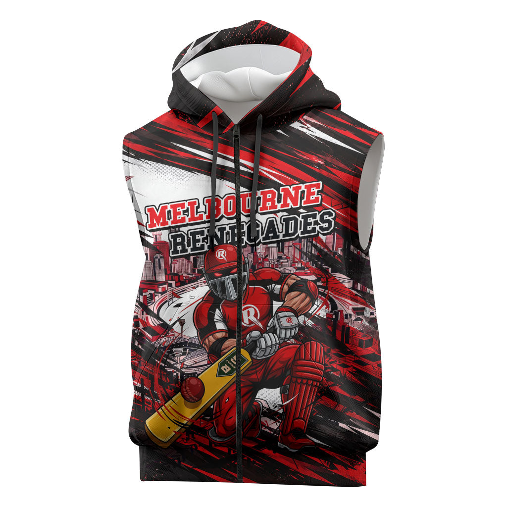 Personalised Melbourne Renegades Cricket Fan Pride Sleeveless Zip Hoodie Dynamic Cricket Graphic Art With Melbourne City Skyline
