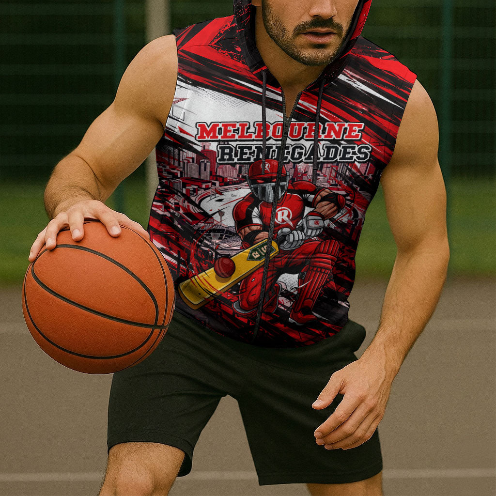 Personalised Melbourne Renegades Cricket Fan Pride Sleeveless Zip Hoodie Dynamic Cricket Graphic Art With Melbourne City Skyline