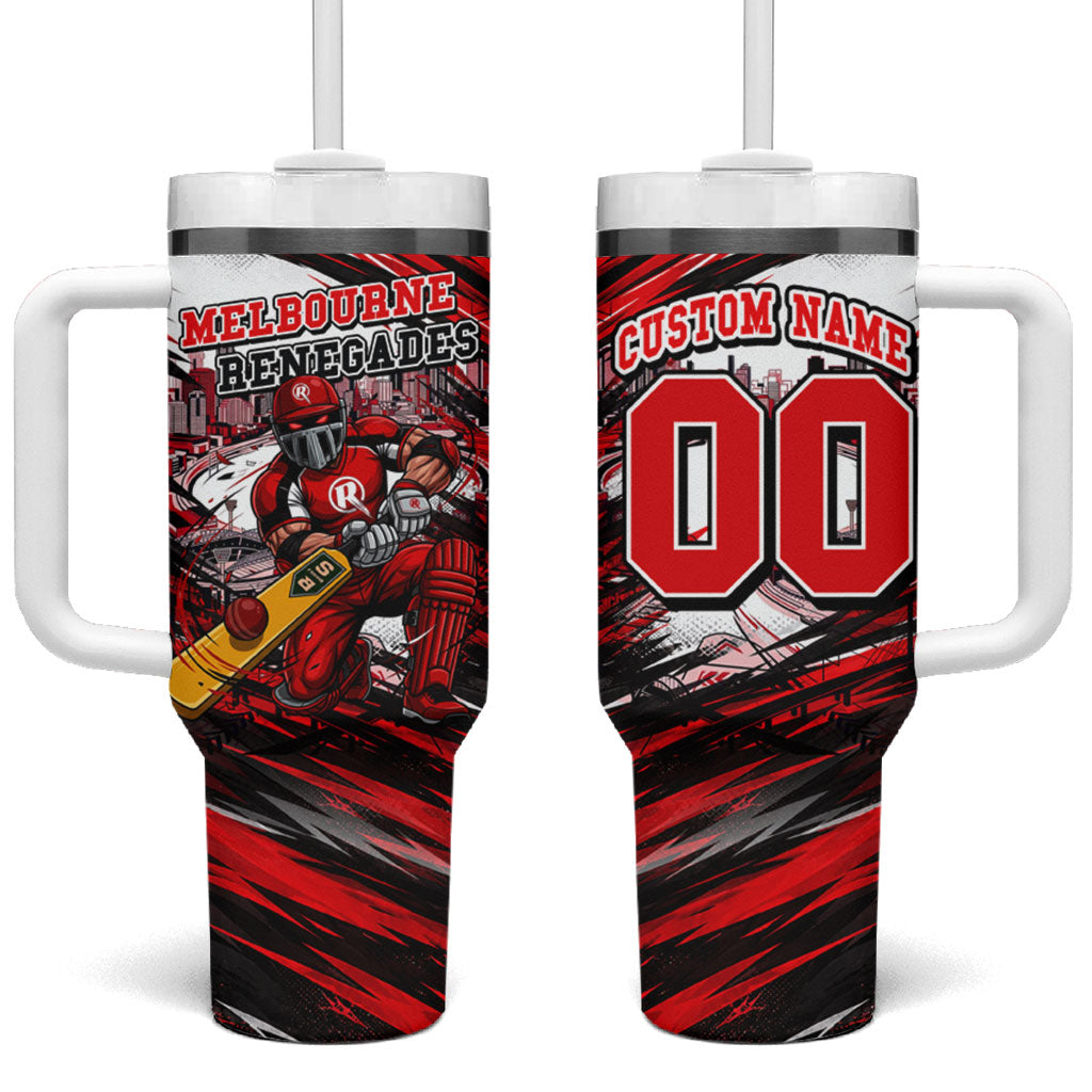 Personalised Melbourne Renegades Cricket Fan Pride Tumbler With Handle Dynamic Cricket Graphic Art With Melbourne City Skyline