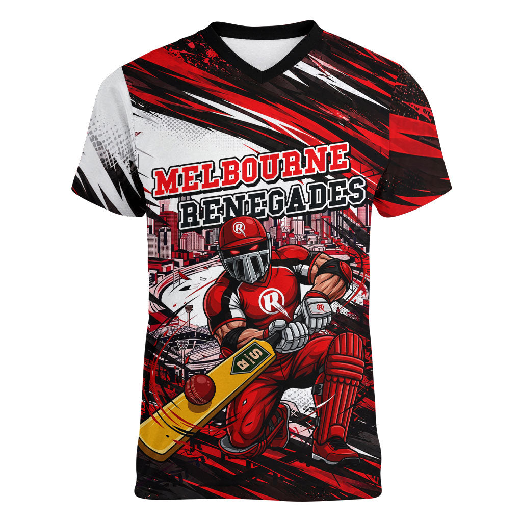 Personalised Melbourne Renegades Cricket Fan Pride Women V-Neck T-Shirt Dynamic Cricket Graphic Art With Melbourne City Skyline