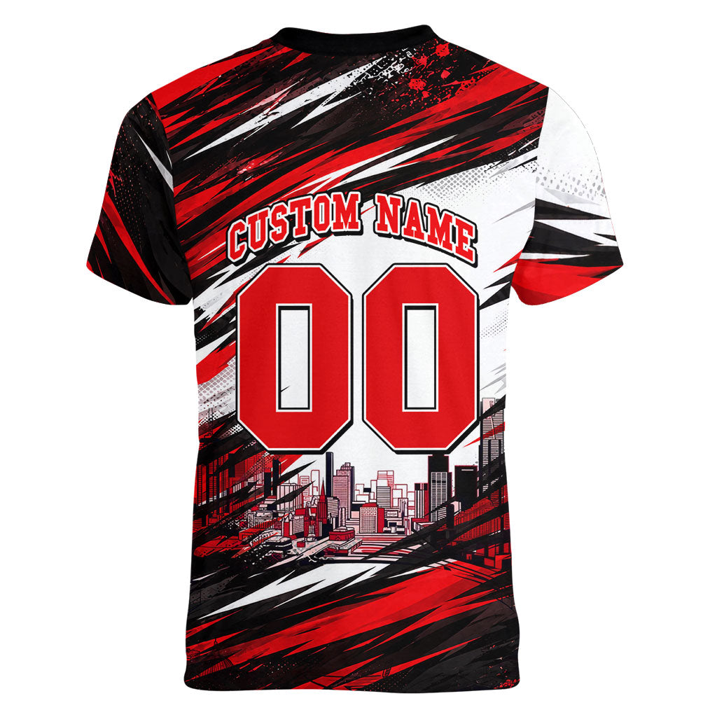 Personalised Melbourne Renegades Cricket Fan Pride Women V-Neck T-Shirt Dynamic Cricket Graphic Art With Melbourne City Skyline