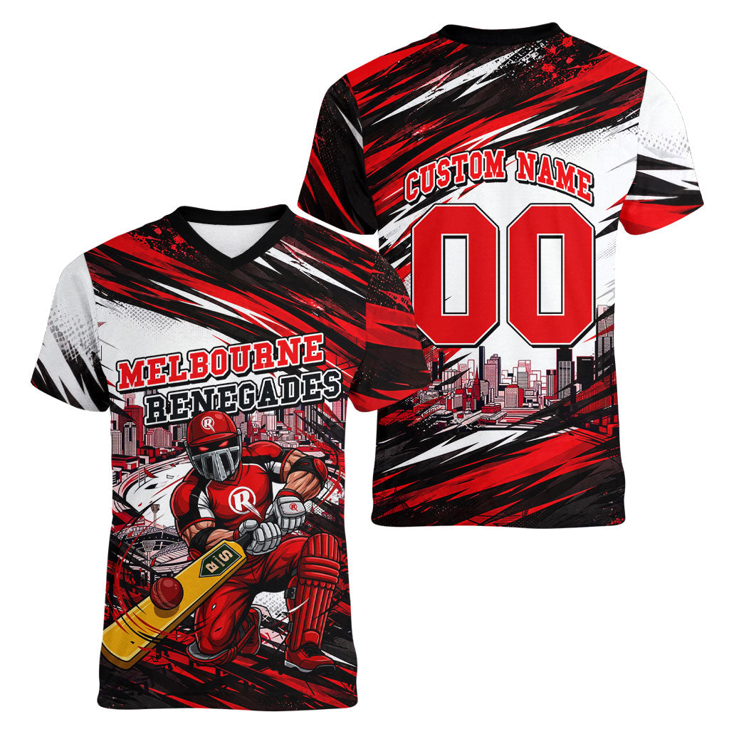 Personalised Melbourne Renegades Cricket Fan Pride Women V-Neck T-Shirt Dynamic Cricket Graphic Art With Melbourne City Skyline