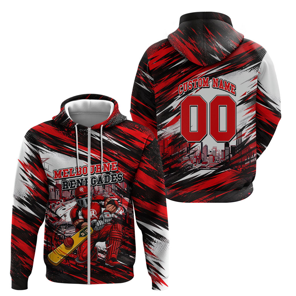 Personalised Melbourne Renegades Cricket Fan Pride Zip Hoodie Dynamic Cricket Graphic Art With Melbourne City Skyline