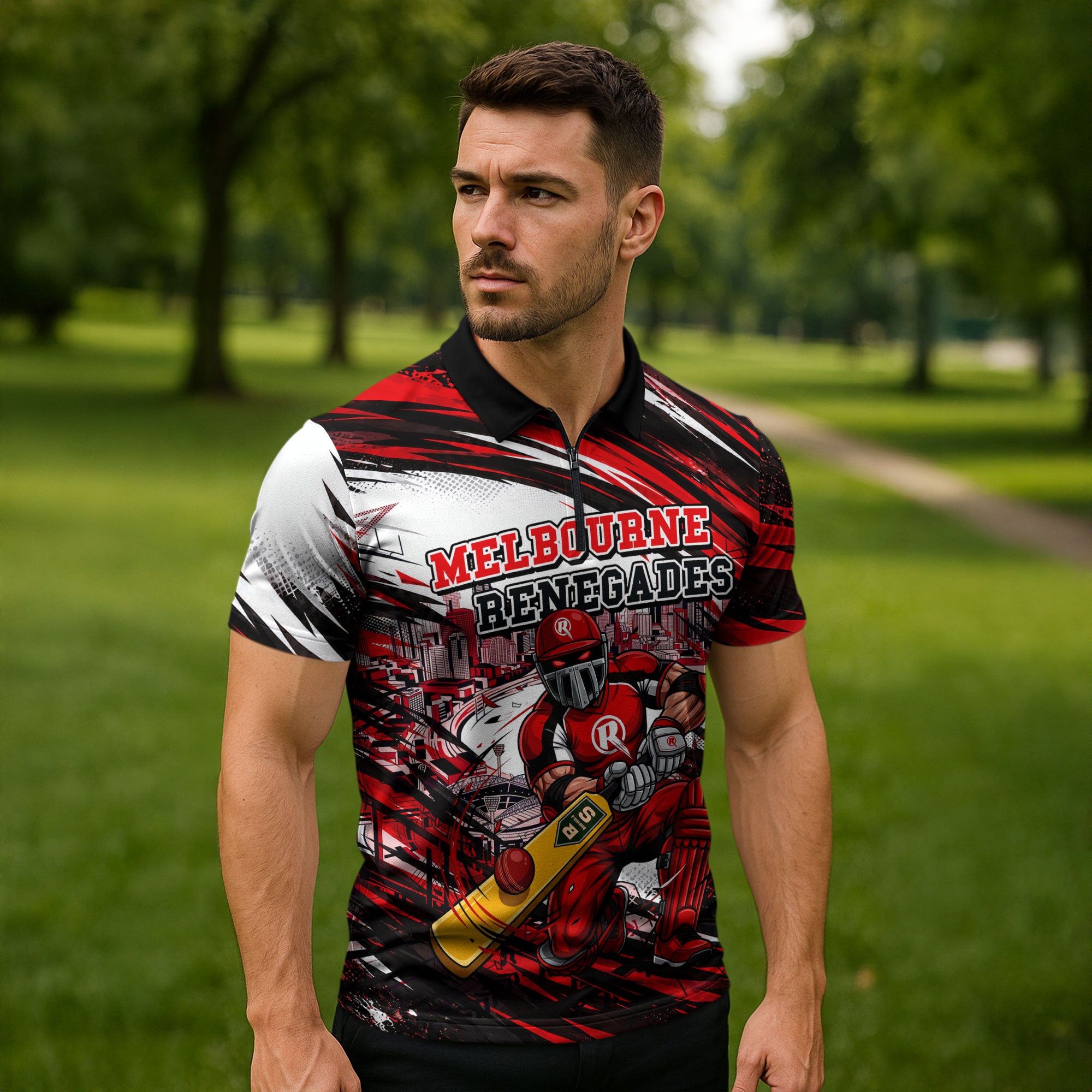 Personalised Melbourne Renegades Cricket Fan Pride Zipper Polo Shirt Dynamic Cricket Graphic Art With Melbourne City Skyline