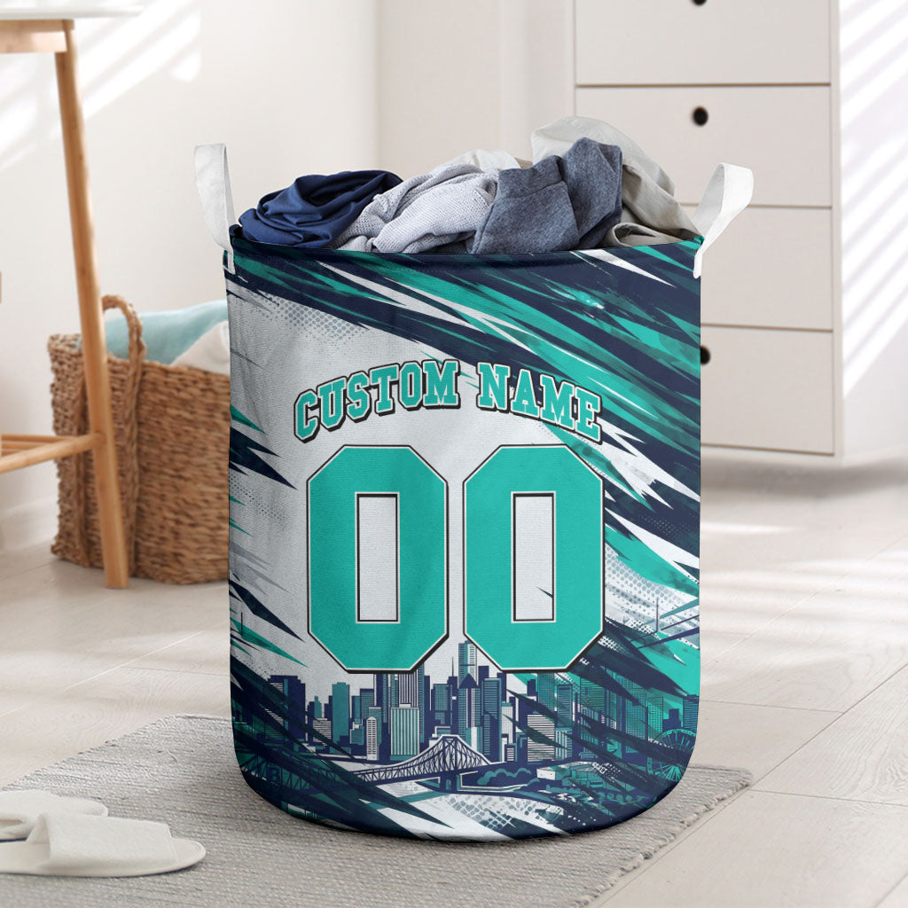 Personalised Brisbane Heat Cricket Fan Pride Laundry Basket Dynamic Flaming Cricket Graphic Art With Brisbane Skyline