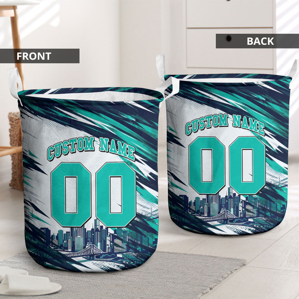 Personalised Brisbane Heat Cricket Fan Pride Laundry Basket Dynamic Flaming Cricket Graphic Art With Brisbane Skyline