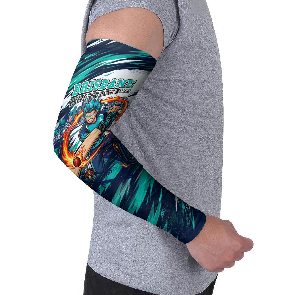 Personalised Brisbane Heat Cricket Fan Pride Arm Sleeves Dynamic Flaming Cricket Graphic Art With Brisbane Skyline