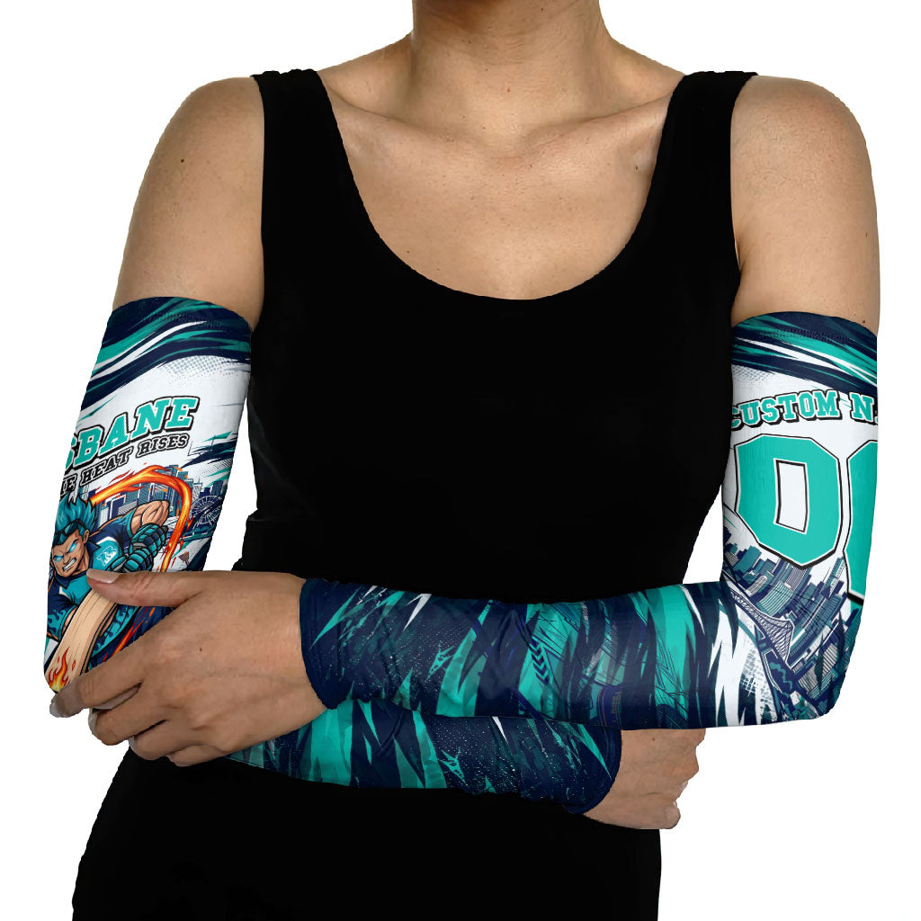Personalised Brisbane Heat Cricket Fan Pride Arm Sleeves Dynamic Flaming Cricket Graphic Art With Brisbane Skyline