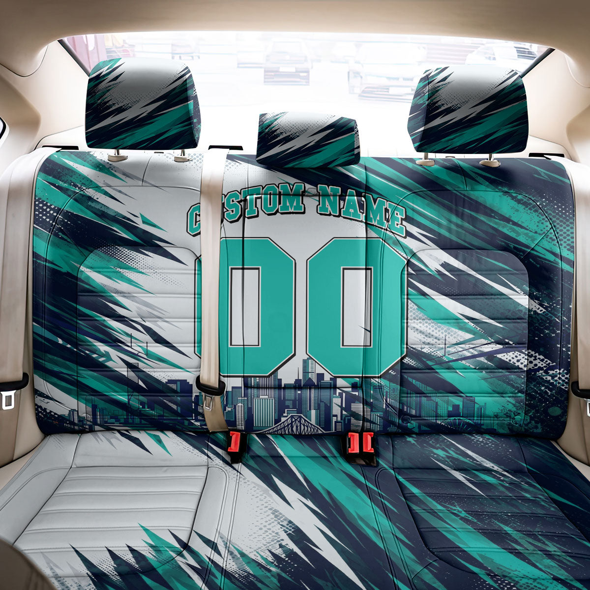 Personalised Brisbane Heat Cricket Fan Pride Back Car Seat Cover Dynamic Flaming Cricket Graphic Art With Brisbane Skyline