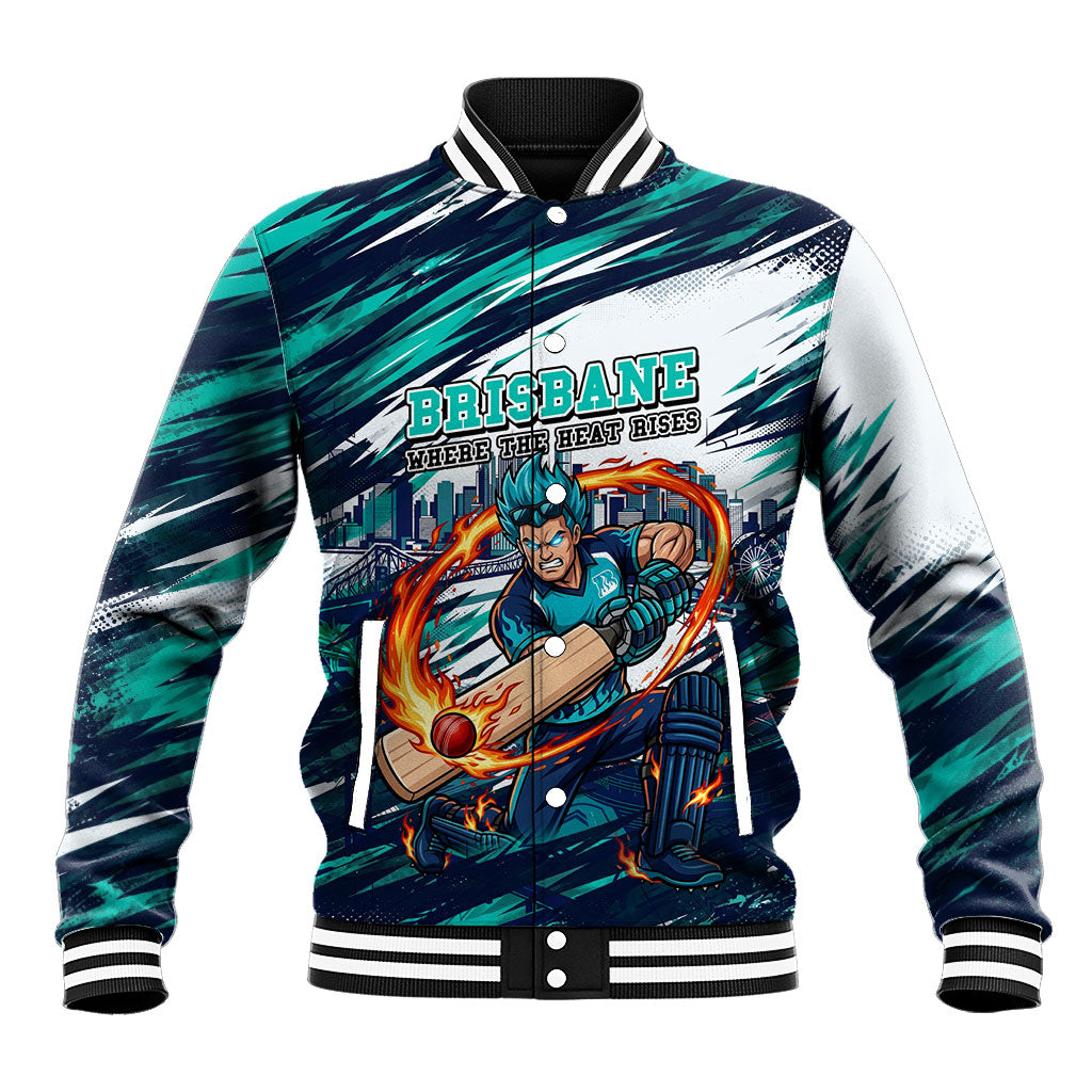 Personalised Brisbane Heat Cricket Fan Pride Baseball Jacket Dynamic Flaming Cricket Graphic Art With Brisbane Skyline