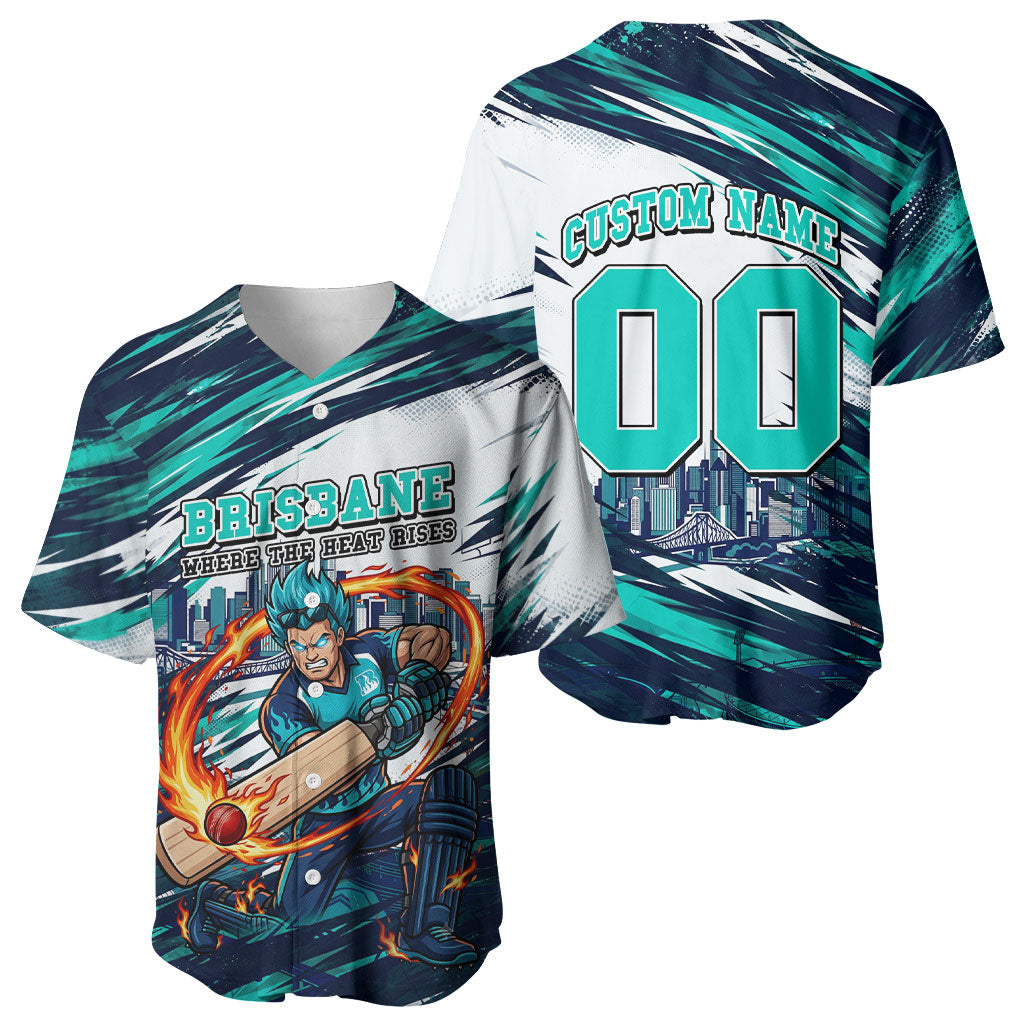 Personalised Brisbane Heat Cricket Fan Pride Baseball Jersey Dynamic Flaming Cricket Graphic Art With Brisbane Skyline