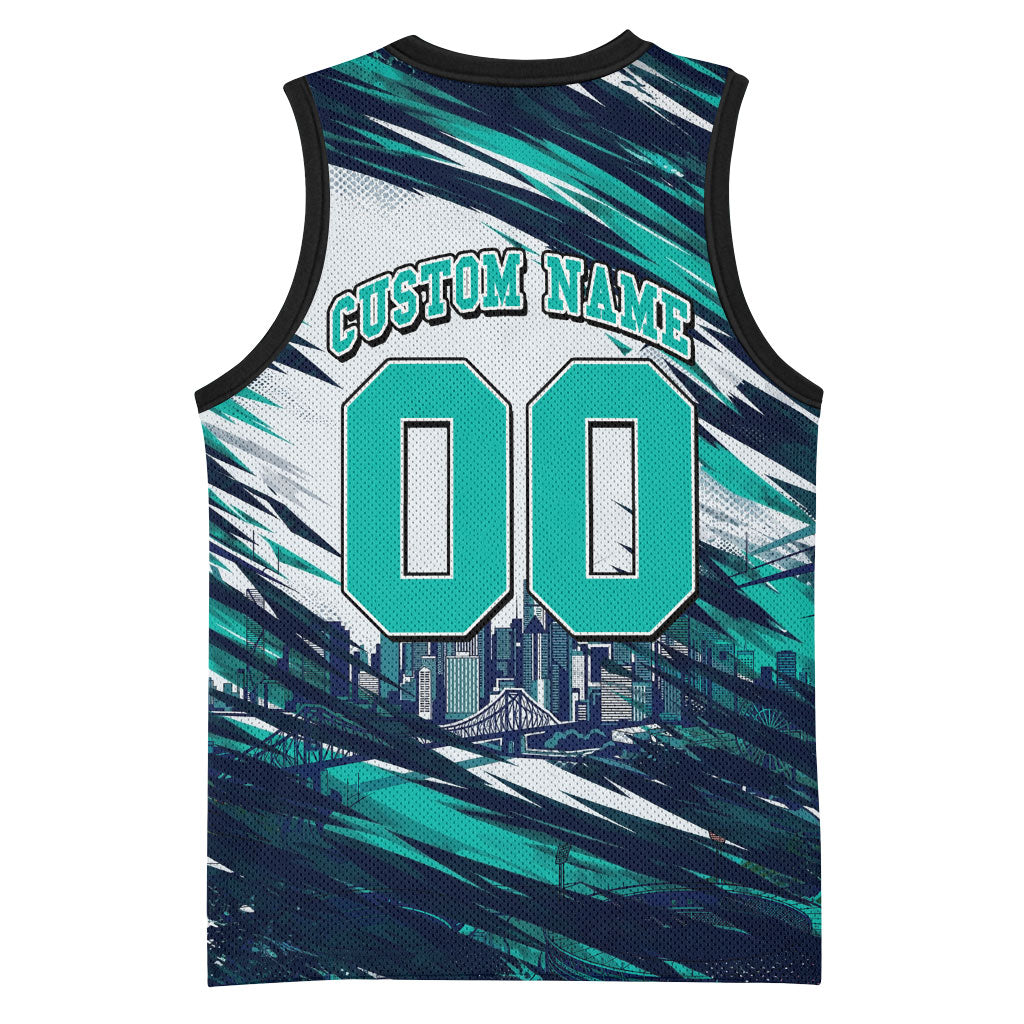 Personalised Brisbane Heat Cricket Fan Pride Basketball Jersey Dynamic Flaming Cricket Graphic Art With Brisbane Skyline