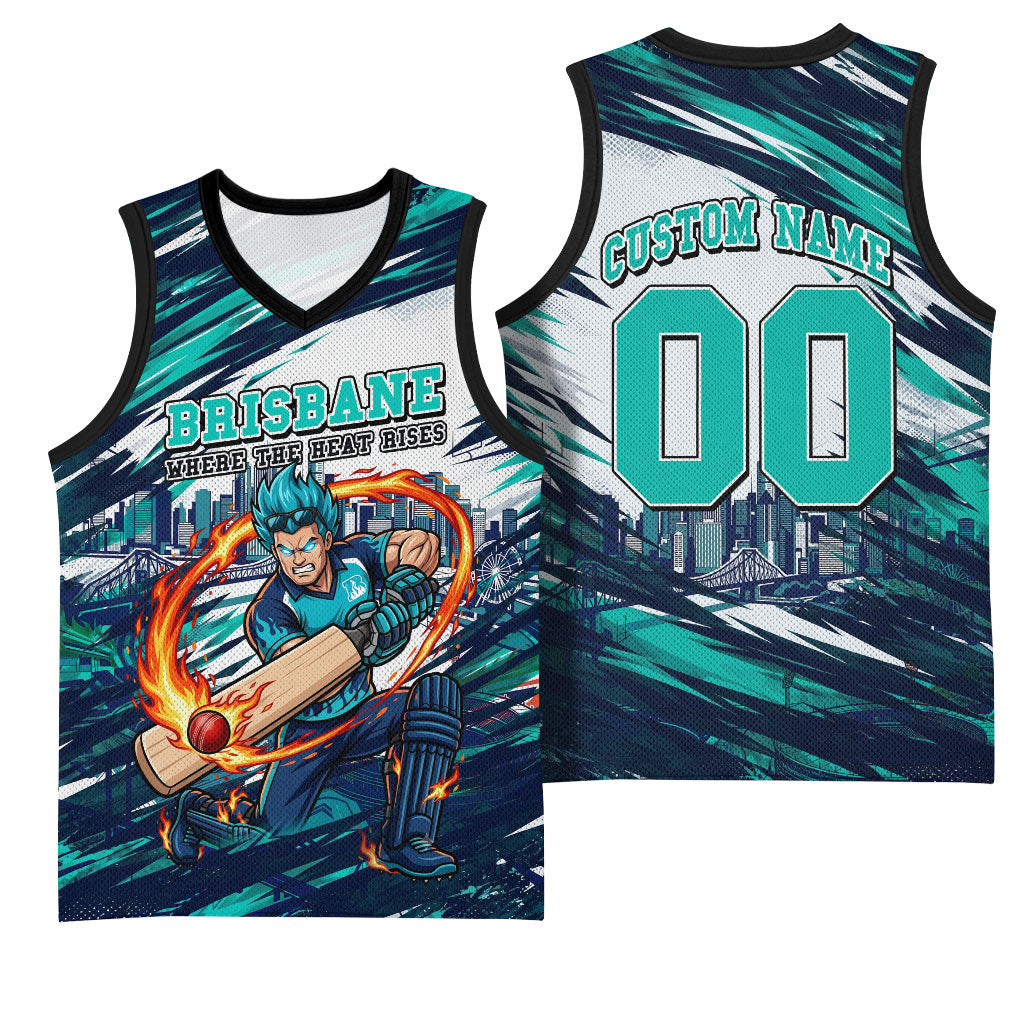 Personalised Brisbane Heat Cricket Fan Pride Basketball Jersey Dynamic Flaming Cricket Graphic Art With Brisbane Skyline