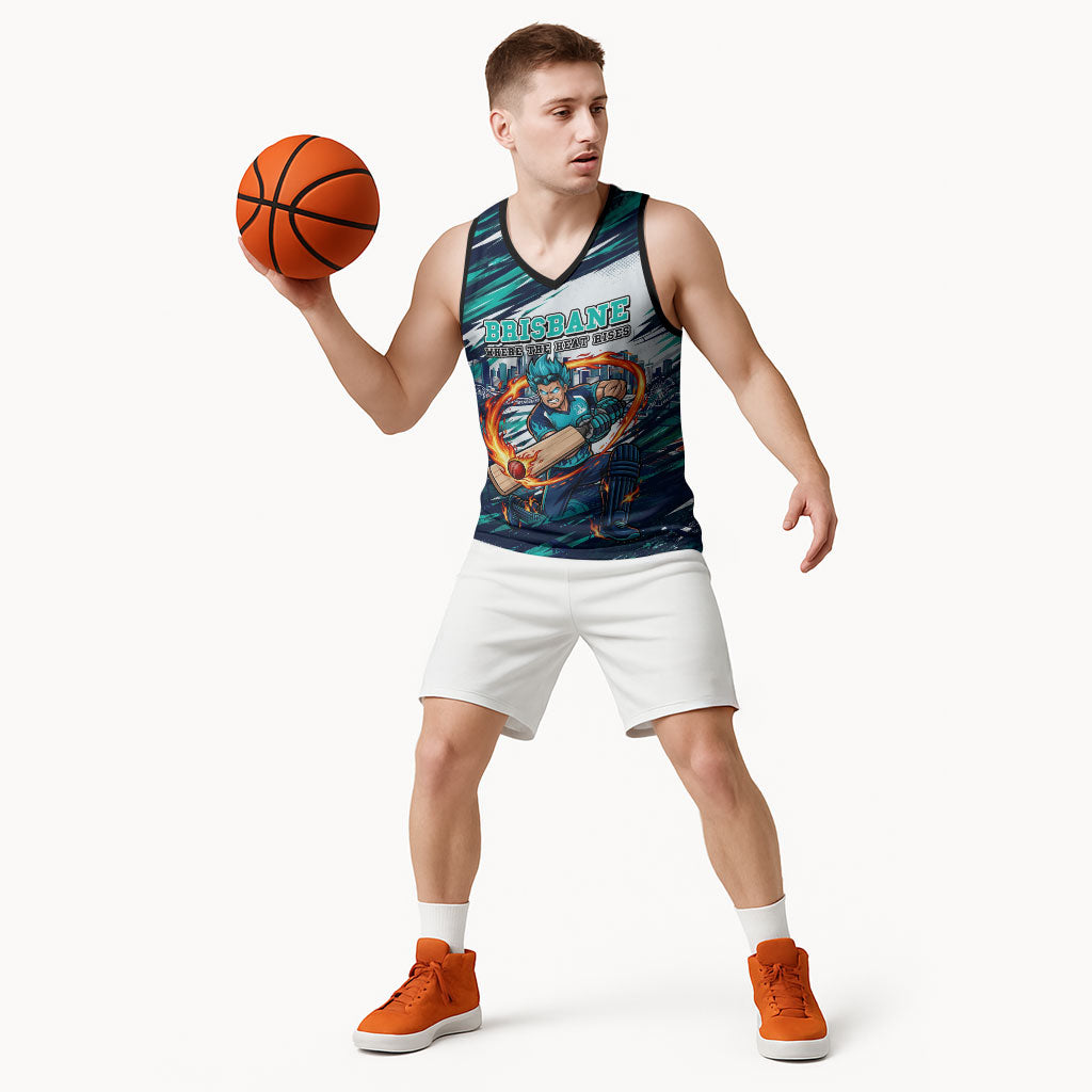 Personalised Brisbane Heat Cricket Fan Pride Basketball Jersey Dynamic Flaming Cricket Graphic Art With Brisbane Skyline