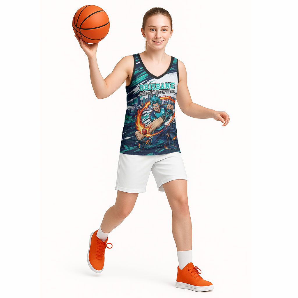 Personalised Brisbane Heat Cricket Fan Pride Basketball Jersey Dynamic Flaming Cricket Graphic Art With Brisbane Skyline