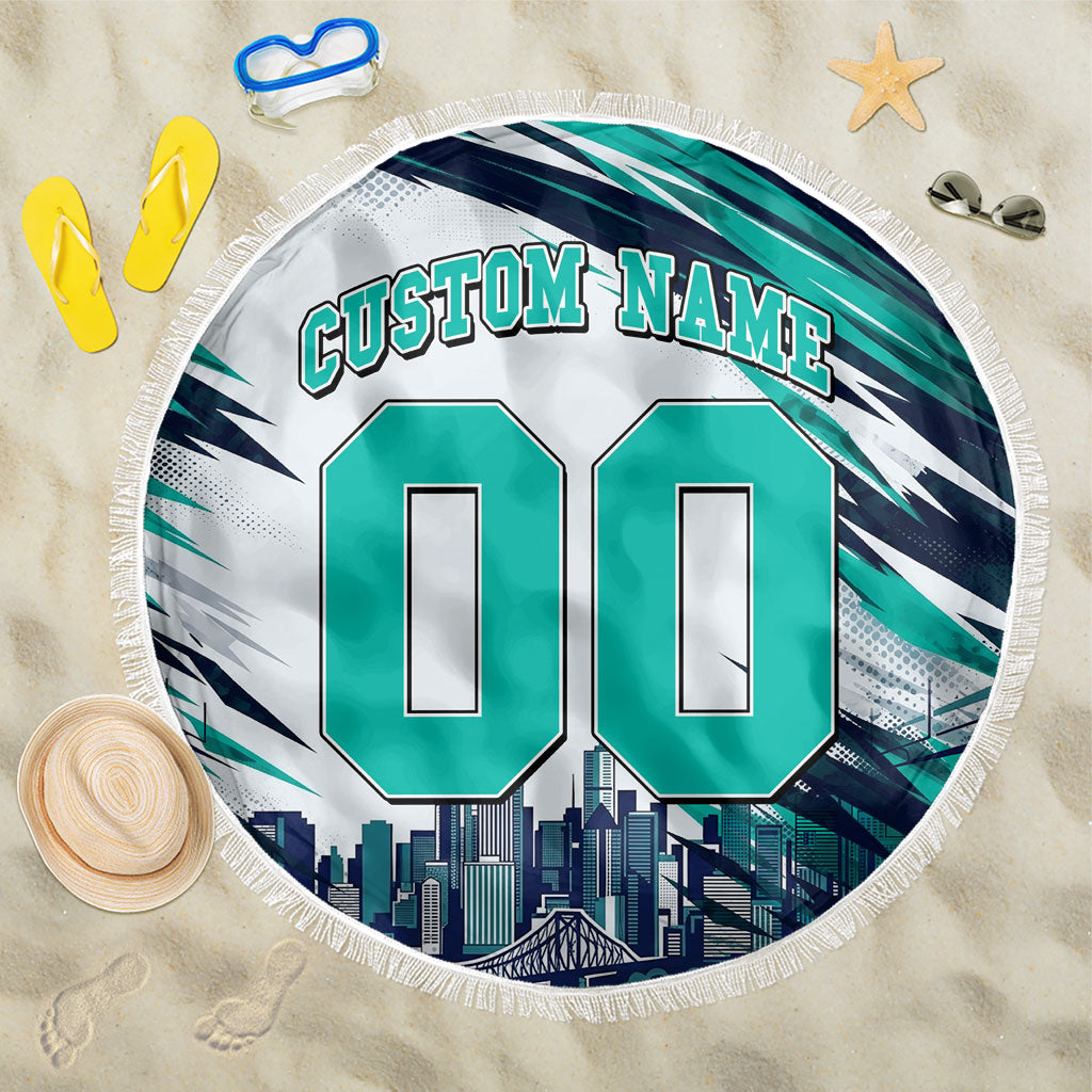 Personalised Brisbane Heat Cricket Fan Pride Beach Blanket Dynamic Flaming Cricket Graphic Art With Brisbane Skyline