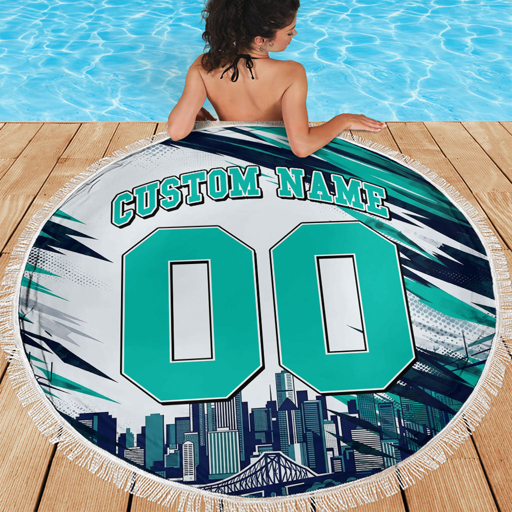 Personalised Brisbane Heat Cricket Fan Pride Beach Blanket Dynamic Flaming Cricket Graphic Art With Brisbane Skyline