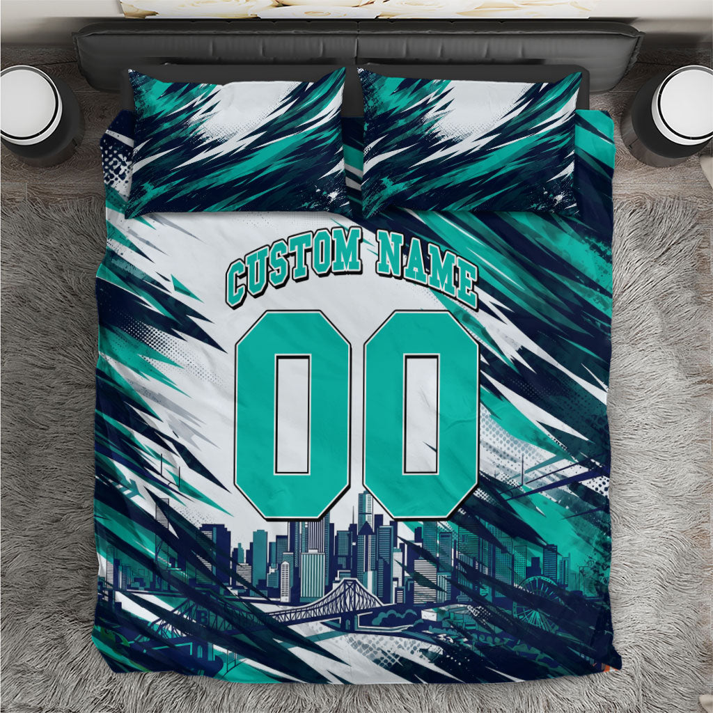 Personalised Brisbane Heat Cricket Fan Pride Bedding Set Dynamic Flaming Cricket Graphic Art With Brisbane Skyline