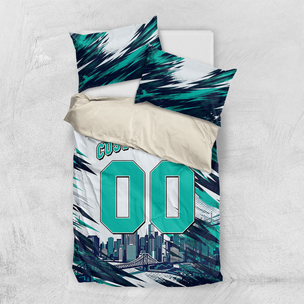 Personalised Brisbane Heat Cricket Fan Pride Bedding Set Dynamic Flaming Cricket Graphic Art With Brisbane Skyline