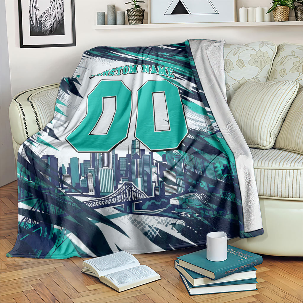 Personalised Brisbane Heat Cricket Fan Pride Blanket Dynamic Flaming Cricket Graphic Art With Brisbane Skyline