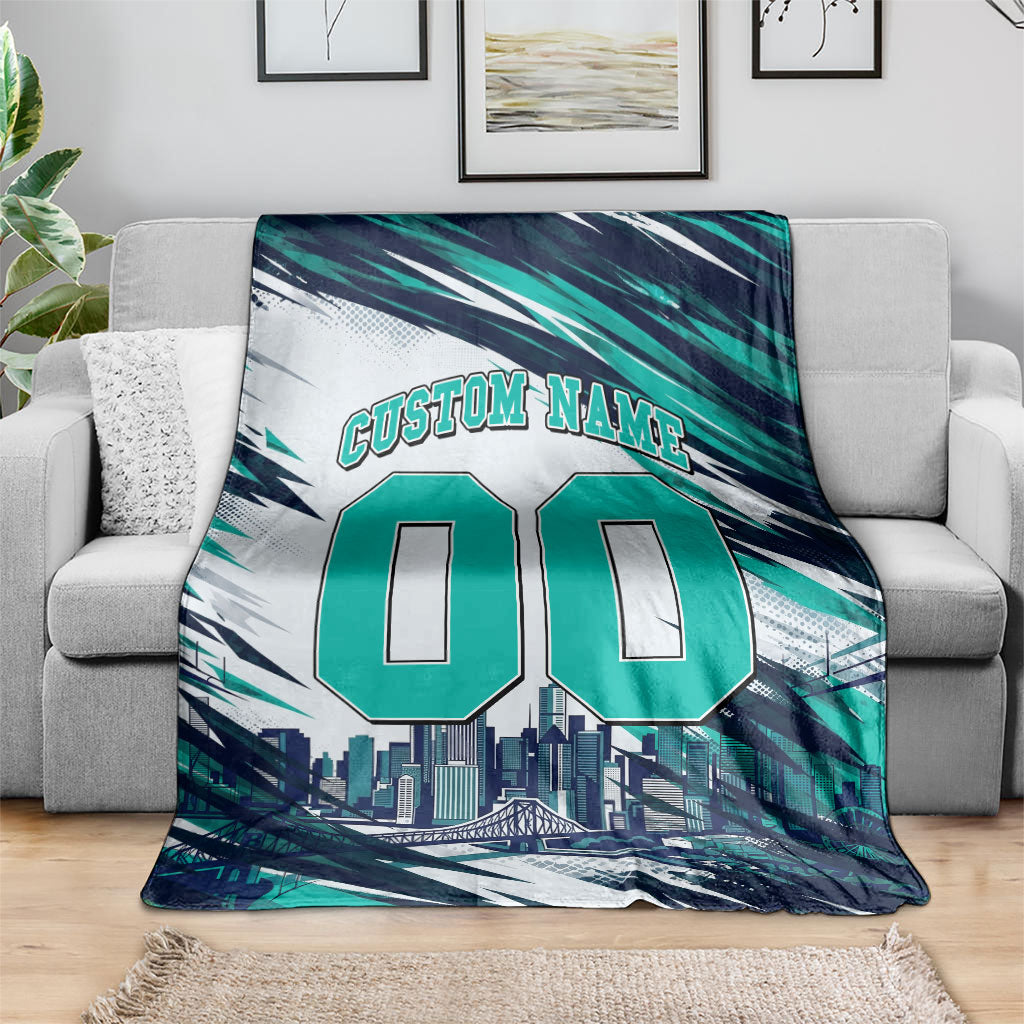 Personalised Brisbane Heat Cricket Fan Pride Blanket Dynamic Flaming Cricket Graphic Art With Brisbane Skyline