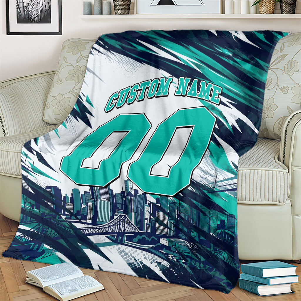 Personalised Brisbane Heat Cricket Fan Pride Blanket Dynamic Flaming Cricket Graphic Art With Brisbane Skyline