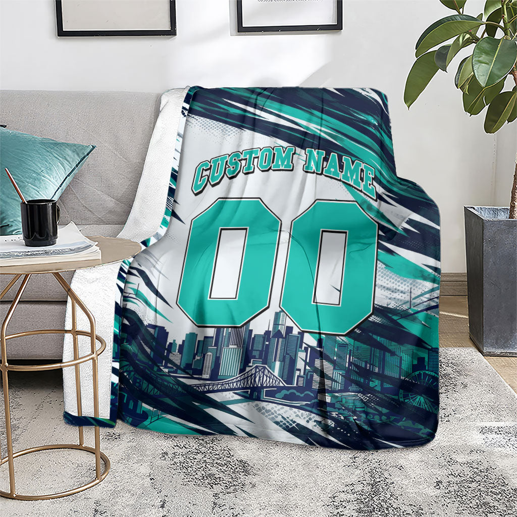 Personalised Brisbane Heat Cricket Fan Pride Blanket Dynamic Flaming Cricket Graphic Art With Brisbane Skyline