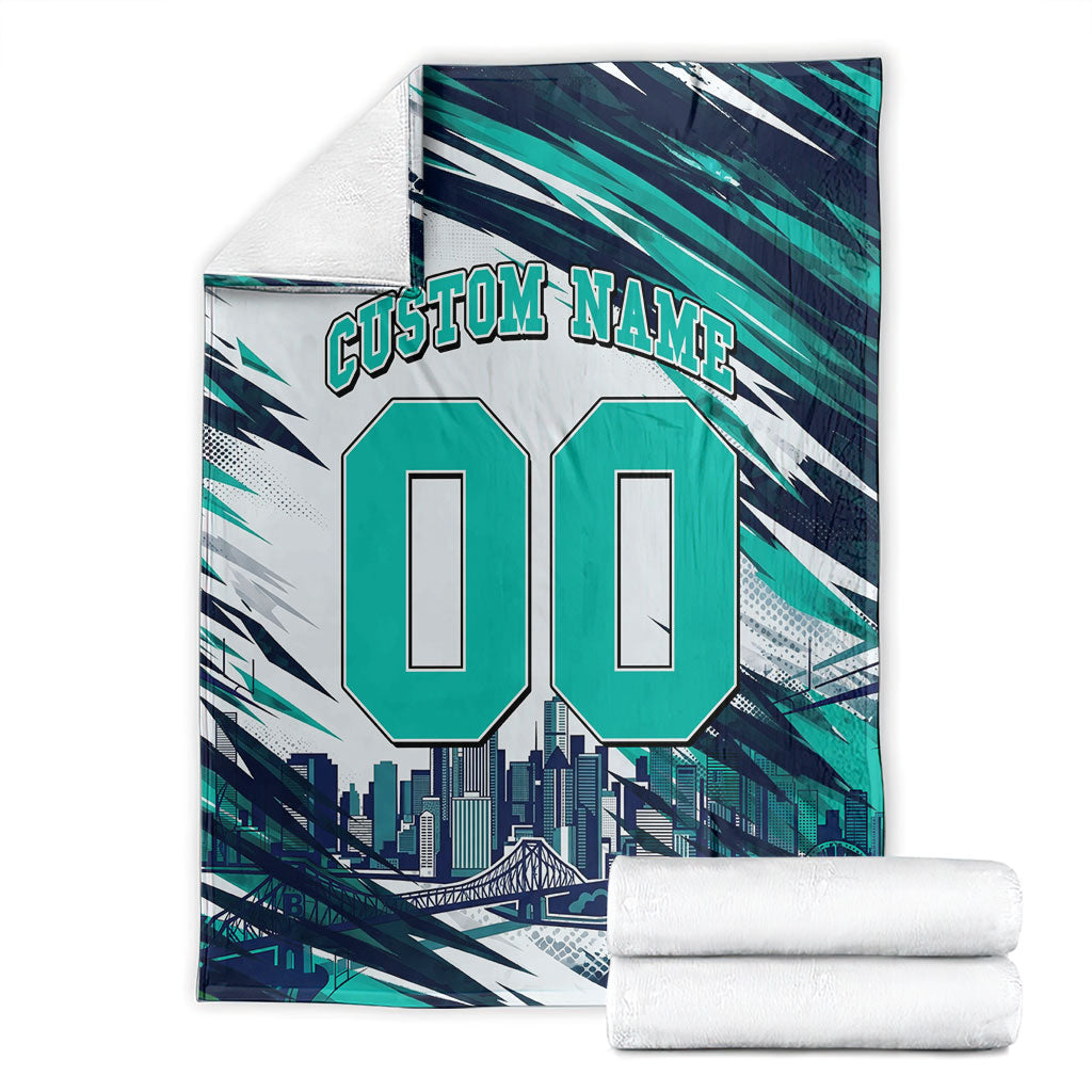 Personalised Brisbane Heat Cricket Fan Pride Blanket Dynamic Flaming Cricket Graphic Art With Brisbane Skyline