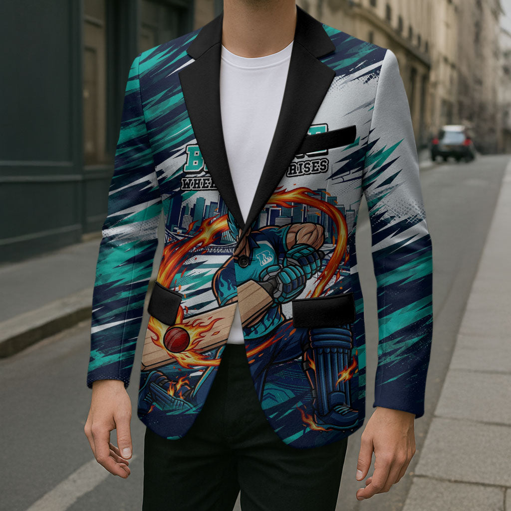 Personalised Brisbane Heat Cricket Fan Pride Blazer Dynamic Flaming Cricket Graphic Art With Brisbane Skyline