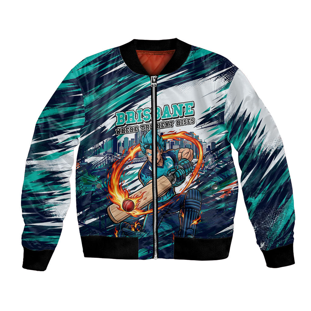 Personalised Brisbane Heat Cricket Fan Pride Bomber Jacket Dynamic Flaming Cricket Graphic Art With Brisbane Skyline
