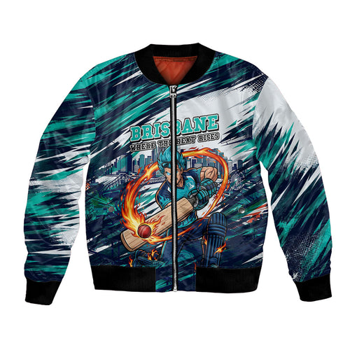 Personalised Brisbane Heat Cricket Fan Pride Bomber Jacket Dynamic Flaming Cricket Graphic Art With Brisbane Skyline