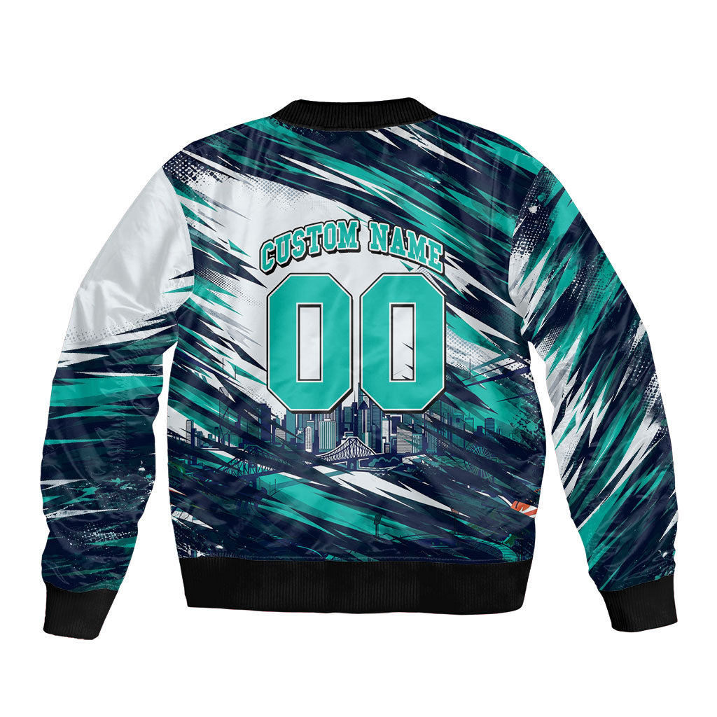 Personalised Brisbane Heat Cricket Fan Pride Bomber Jacket Dynamic Flaming Cricket Graphic Art With Brisbane Skyline