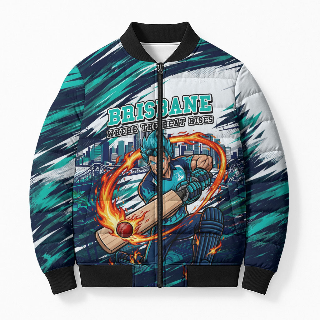 Personalised Brisbane Heat Cricket Fan Pride Bomber Puffer Jacket Dynamic Flaming Cricket Graphic Art With Brisbane Skyline