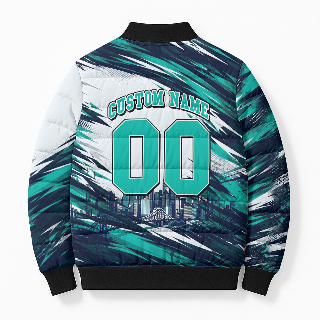Personalised Brisbane Heat Cricket Fan Pride Bomber Puffer Jacket Dynamic Flaming Cricket Graphic Art With Brisbane Skyline
