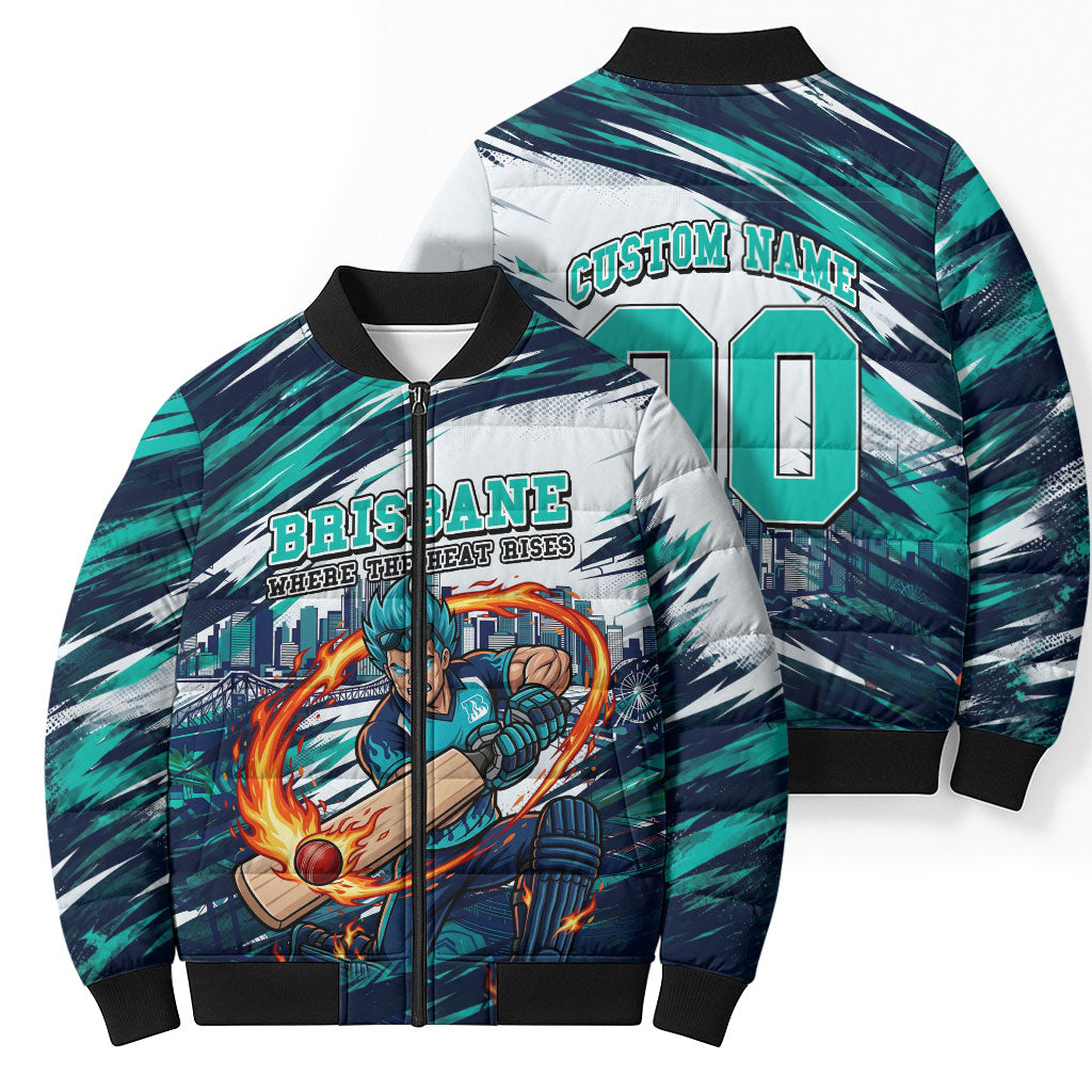 Personalised Brisbane Heat Cricket Fan Pride Bomber Puffer Jacket Dynamic Flaming Cricket Graphic Art With Brisbane Skyline