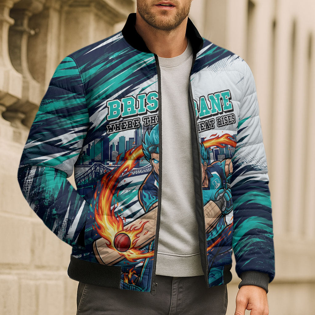Personalised Brisbane Heat Cricket Fan Pride Bomber Puffer Jacket Dynamic Flaming Cricket Graphic Art With Brisbane Skyline