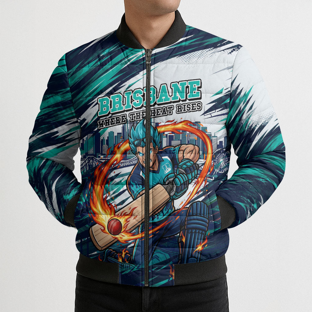 Personalised Brisbane Heat Cricket Fan Pride Bomber Puffer Jacket Dynamic Flaming Cricket Graphic Art With Brisbane Skyline