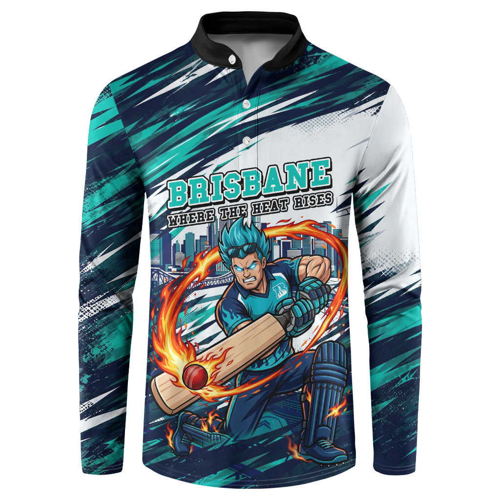 Personalised Brisbane Heat Cricket Fan Pride Button Sweatshirt Dynamic Flaming Cricket Graphic Art With Brisbane Skyline