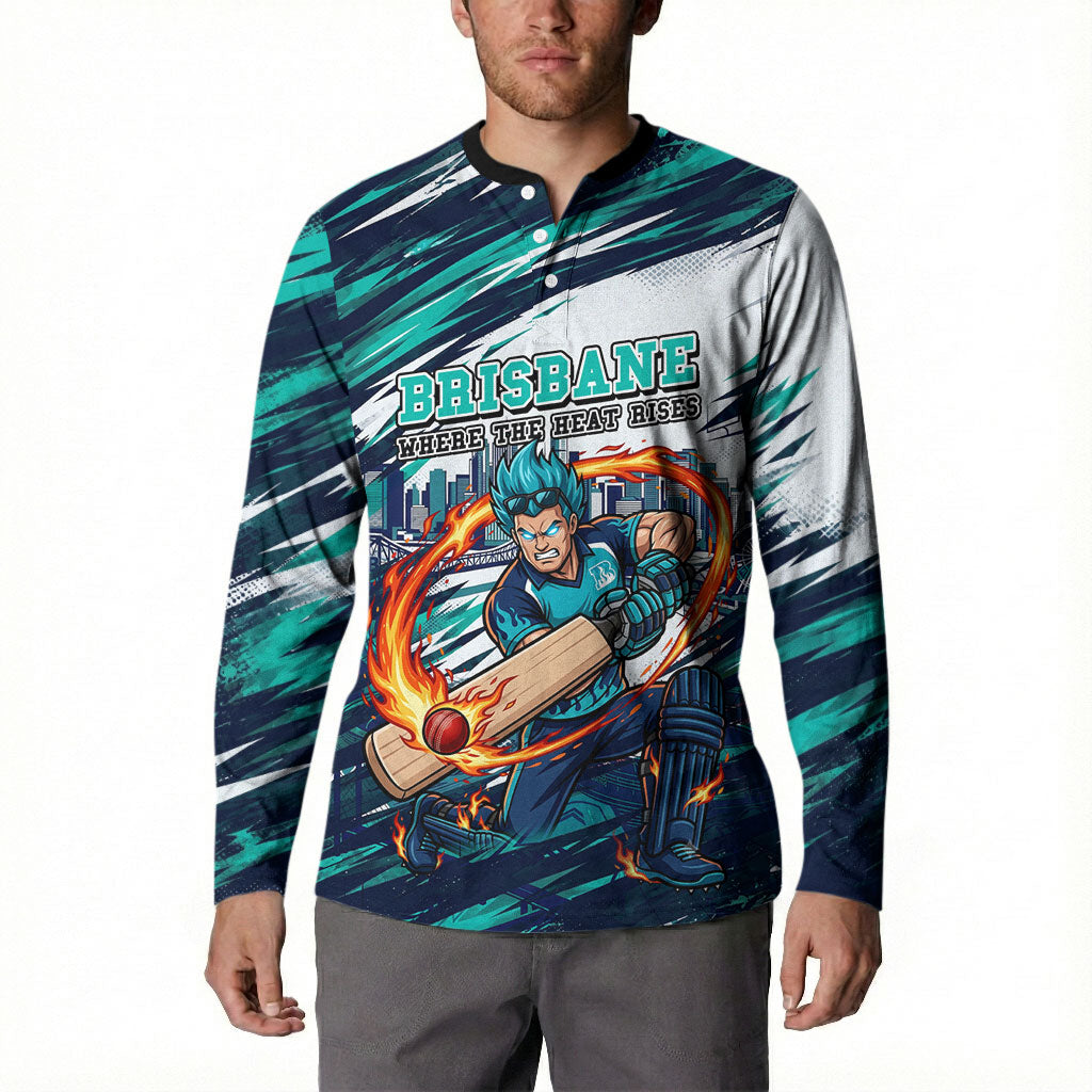 Personalised Brisbane Heat Cricket Fan Pride Button Sweatshirt Dynamic Flaming Cricket Graphic Art With Brisbane Skyline