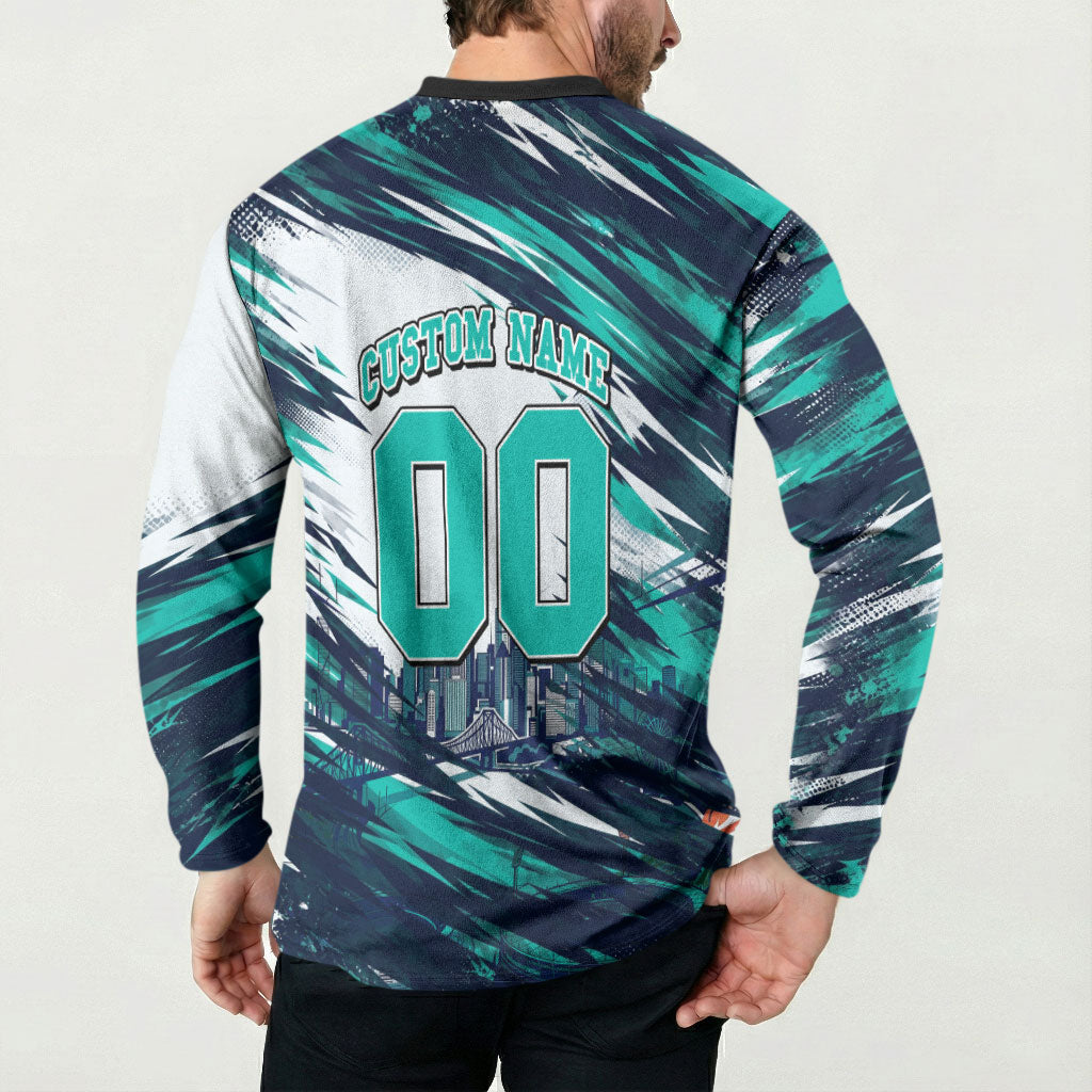 Personalised Brisbane Heat Cricket Fan Pride Button Sweatshirt Dynamic Flaming Cricket Graphic Art With Brisbane Skyline