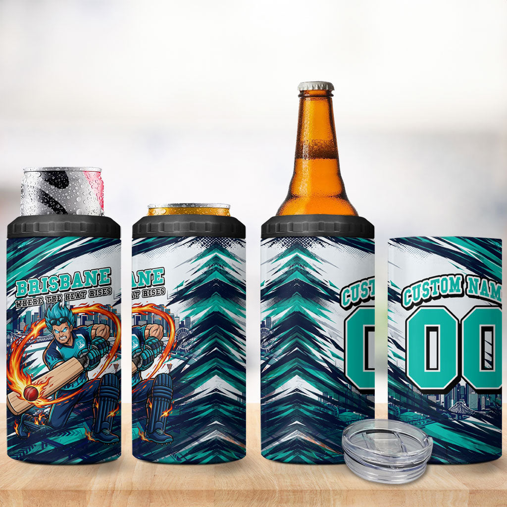 Personalised Brisbane Heat Cricket Fan Pride 4 in 1 Can Cooler Tumbler Dynamic Flaming Cricket Graphic Art With Brisbane Skyline