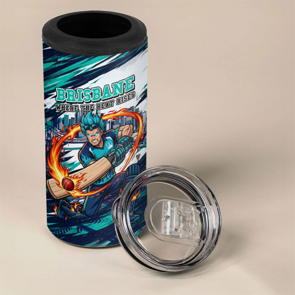Personalised Brisbane Heat Cricket Fan Pride 4 in 1 Can Cooler Tumbler Dynamic Flaming Cricket Graphic Art With Brisbane Skyline