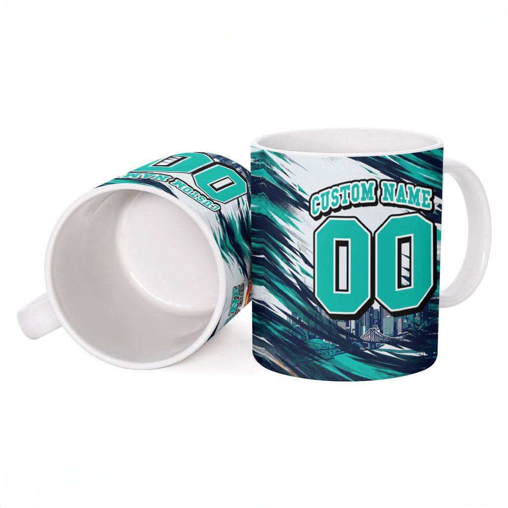 Personalised Brisbane Heat Cricket Fan Pride Ceramic Mug Dynamic Flaming Cricket Graphic Art With Brisbane Skyline